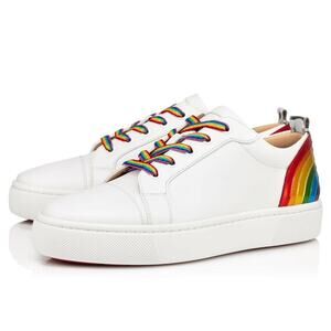 Christian Louboutin Arkenspeed Flat White Rainbow Lace Up Tie Low Top Sneaker 40